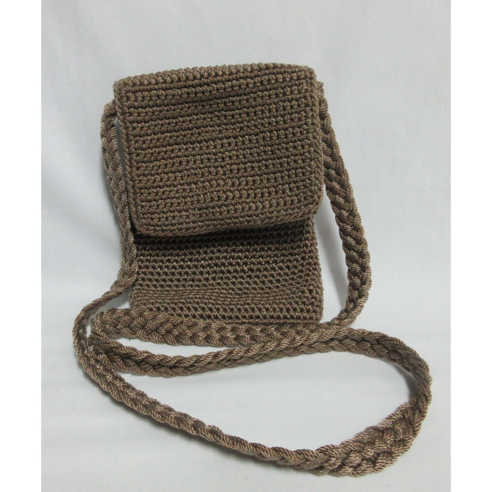 The SAK Crochet Small Tan Cross Body Bag Braided Strap LOGO Zip Closure 7" x 5.5
